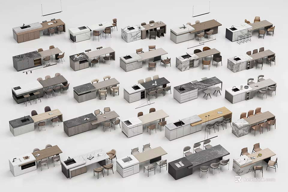 Modern Kitchen Cabinets With Various Styles And Dining Tables Chairs Design 3d model