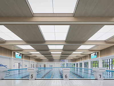 Bright Indoor Swimming Pool With Skylights Wooden Ceiling Numbered Lanes And TV Screens 3d model