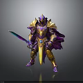 Fantasy Warrior In Ornate Gold And Purple Armor Holding Colorful Sword With Cloak
