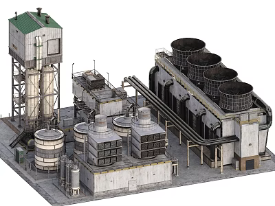 Industrial Equipment Setup With Cooling Towers Storage Tanks And Piping Systems 3d model