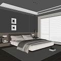 Modern Bedroom Interior Design With Gray Headboard Artwork Light Carpet And Roller Blinds