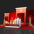 Ceremonial Stage Decoration With Red Backdrop Scroll Ornaments White Building Models And Floral Arrangement