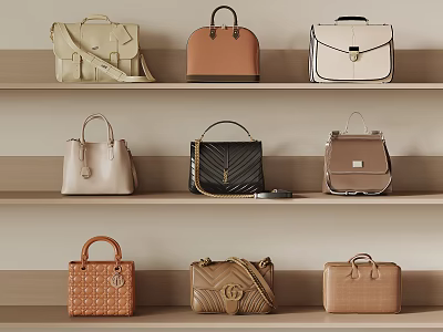 Stylish Leather Handbags And Backpacks In Various Colors On Wooden Shelf 3d model