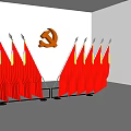 Red National Flags Display With Decorative Fringe And Hammer Sickle Symbol