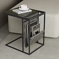Modern Side Table with Black Metal Frame Coffee Cup Tray on Tabletop and Magazines Shelf