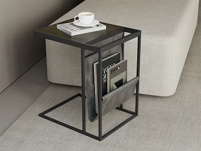 Modern Side Table with Black Metal Frame Coffee Cup Tray on Tabletop and Magazines Shelf 3d model