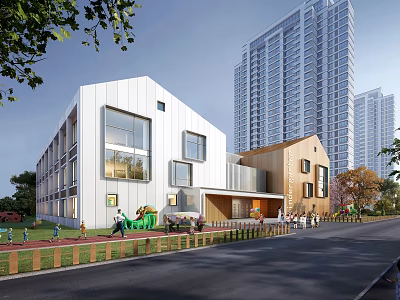 Modern School Building Exterior With White Wooden Structure Playground Greenery And Children Playing Outdoors 3d model