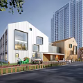 Modern School Building Exterior With White Wooden Structure Playground Greenery And Children Playing Outdoors