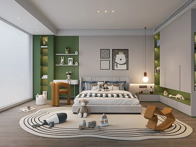 Bright Children's Room Interior With Cozy Bed Striped Rug Wall Art Bookshelf And Toys 3d model