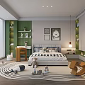 Bright Children's Room Interior With Cozy Bed Striped Rug Wall Art Bookshelf And Toys