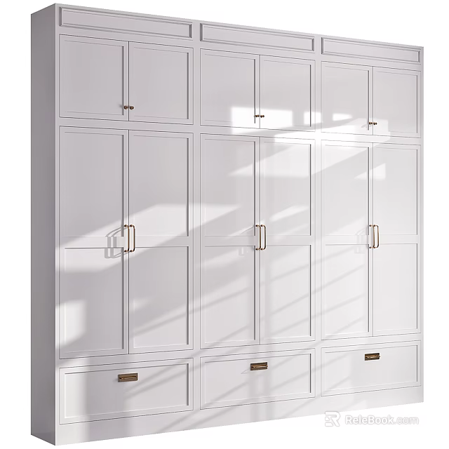 White Modern Wardrobe Design With Multiple Paneled Doors And Metal Handles 3d model 