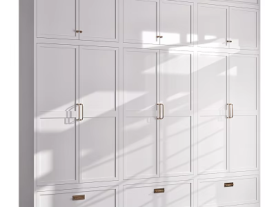 White Modern Wardrobe Design With Multiple Paneled Doors And Metal Handles 3d model