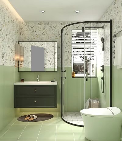 Modern Bathroom Interior With Green Tiles Glass Shower Vanity Mirror And Floral Wallpaper 3d model