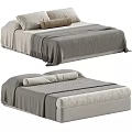 Modern Minimalist Double Bed With Gray Blanket And Beige Rolled Pillows 3d model