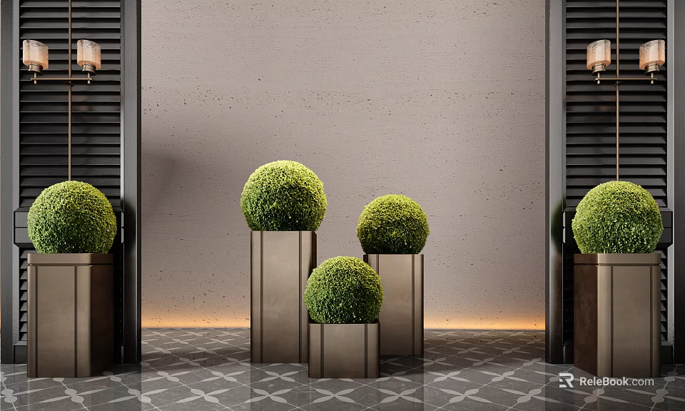 Green Topiary Bonsai Plants In Metallic Planters For Modern Interior With Geometric Floor 3d model 