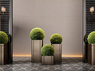 Green Topiary Bonsai Plants In Metallic Planters For Modern Interior With Geometric Floor 3d model