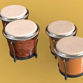 Four Wooden Bongo Drums With Natural Wood Finish And White Drum Heads On Yellow Background