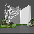 Floral Art Installation With Open White Book Sculpture Tree Decoration Green Plants Rocks And Moss