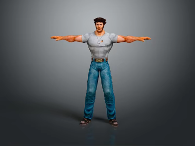 3D Male Character In Gray T-Shirt Blue Jeans Brown Cap With Arms Outstretched Pose 3d model