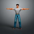 3D Male Character In Gray T-Shirt Blue Jeans Brown Cap With Arms Outstretched Pose
