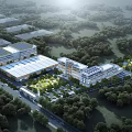 Modern Industrial Factory Building With Glass Curtain Walls Trees Lawns And Landscaped Surroundings