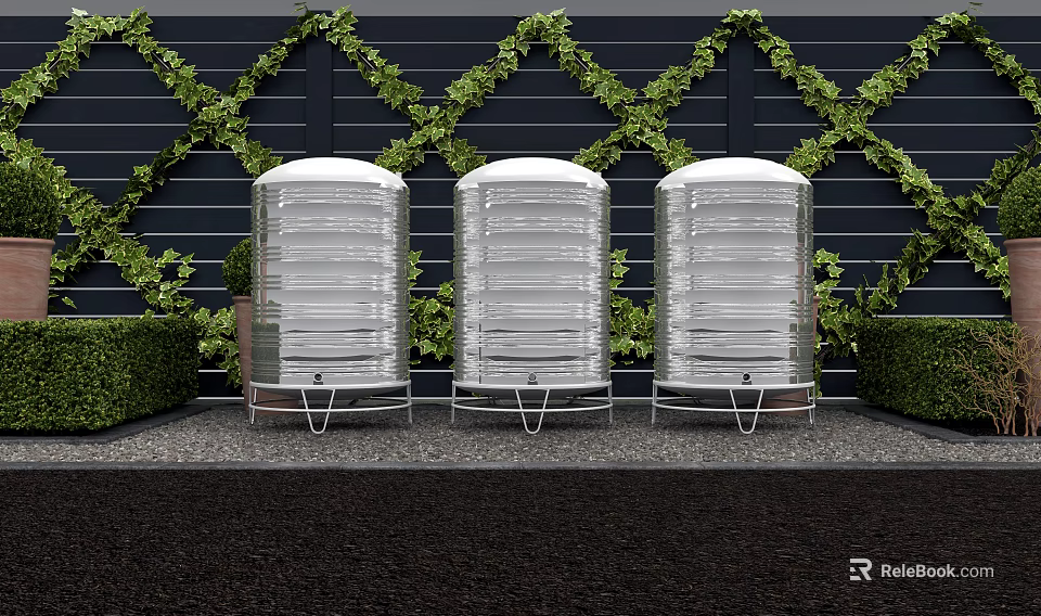 Three Silver Water Tanks Against Black Wall With Green Vines And Shrubs 3d model 