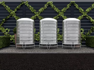 Three Silver Water Tanks Against Black Wall With Green Vines And Shrubs 3d model