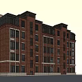 Multi Story Red Brick Building With Classical Gable And Stone Base Design 3d model