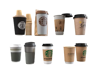 Various Disposable Coffee Cups With Starbucks Logo Stacked Lids And Designs 3d model