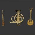 Vintage Decorative Musical Instruments Including Horn Lute And Wooden String For Home Decor