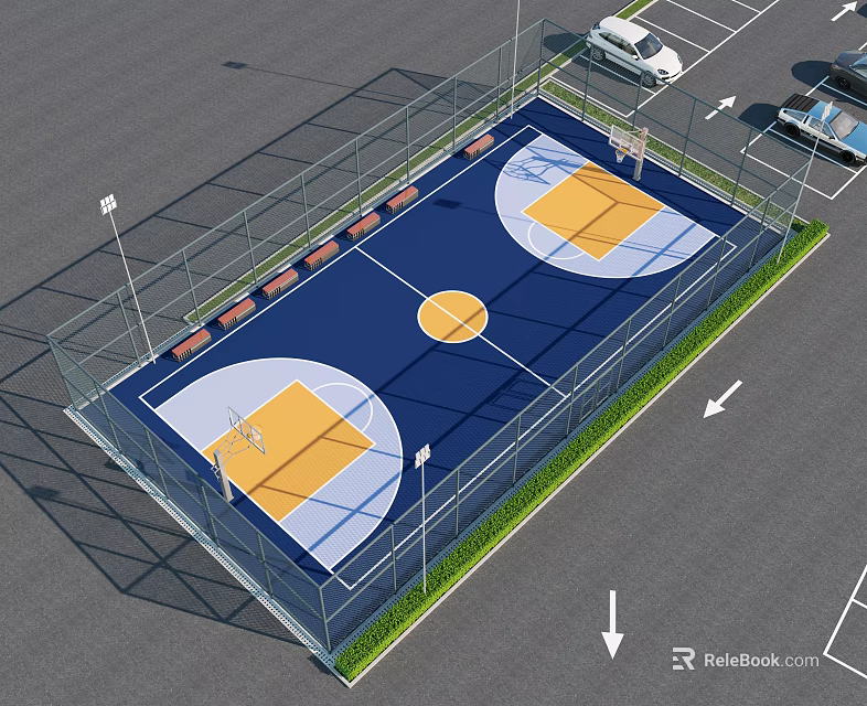 Fenced Outdoor Basketball Court With Blue And Yellow Surface Two Hoops Benches And Lighting Poles 3d model 