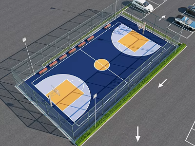 Fenced Outdoor Basketball Court With Blue And Yellow Surface Two Hoops Benches And Lighting Poles 3d model