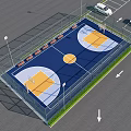 Fenced Outdoor Basketball Court With Blue And Yellow Surface Two Hoops Benches And Lighting Poles