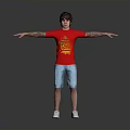 Man with tattoos in red T-shirt blue shorts and white shoes standing with arms outstretched