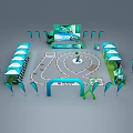 Exhibition Booth Setup With Turquoise Tents Circular Track Large Screen And Flags 3d model