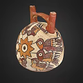 Handcrafted Ceramic Vessel With Spherical Shape Double Handles Brown Orange Animal Star Designs 3d model