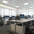Modern Public Office Space With Desks Computers Ergonomic Chairs Ceiling Lights And Large Windows 3d model
