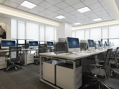 Modern Public Office Space With Desks Computers Ergonomic Chairs Ceiling Lights And Large Windows 3d model