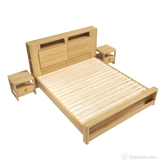 Natural Wooden Double Bed With Two Side Nightstands And Minimalist Design 3d model 