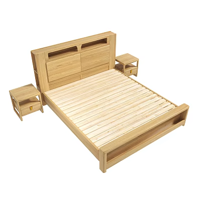 Natural Wooden Double Bed With Two Side Nightstands And Minimalist Design 3d model