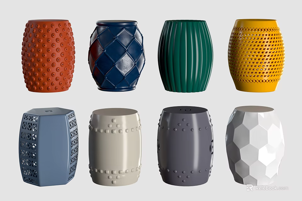 Stools With Various Colorful Designs Different Shapes And Unique Textures 3d model