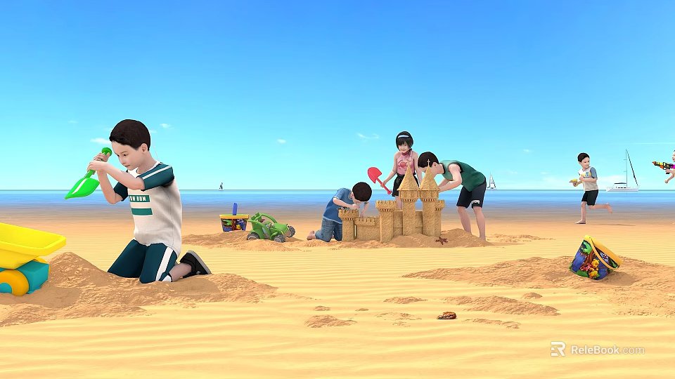 Game And Movie Child Characters Playing On Beach Building Sandcastles With Tools Blue Sky Sea 3d model 