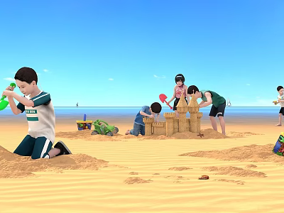 Game And Movie Child Characters Playing On Beach Building Sandcastles With Tools Blue Sky Sea 3d model
