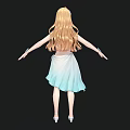 Woman With Blonde Hair White Top Blue White Gradient Skirt Arms Outstretched Black Background