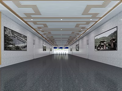 Spacious Corridor Interior With Wooden Pattern Ceiling Dark Floor And Landscape Paintings On Both Sides 3d model