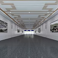 Spacious Corridor Interior With Wooden Pattern Ceiling Dark Floor And Landscape Paintings On Both Sides