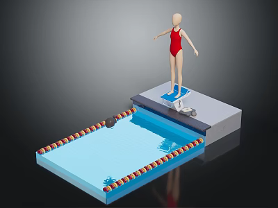 3D Model Diving Platform Scene With Swimming Pool Red Swimsuit Figure And Colorful Lane Dividers 3d model