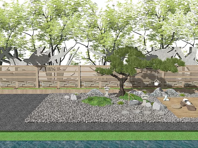 Traditional Zen Rock Garden Design With Pine Tree Stones And Wooden Fence 3d model