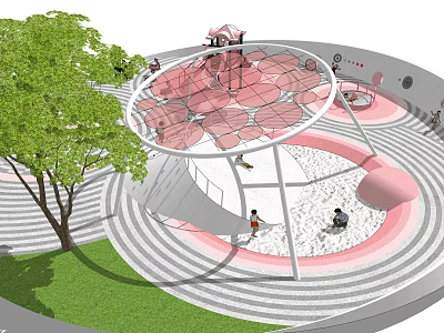 Colorful Circular Playground Equipment with Net Climbing Structure Sand Area and Green Grass 3d model