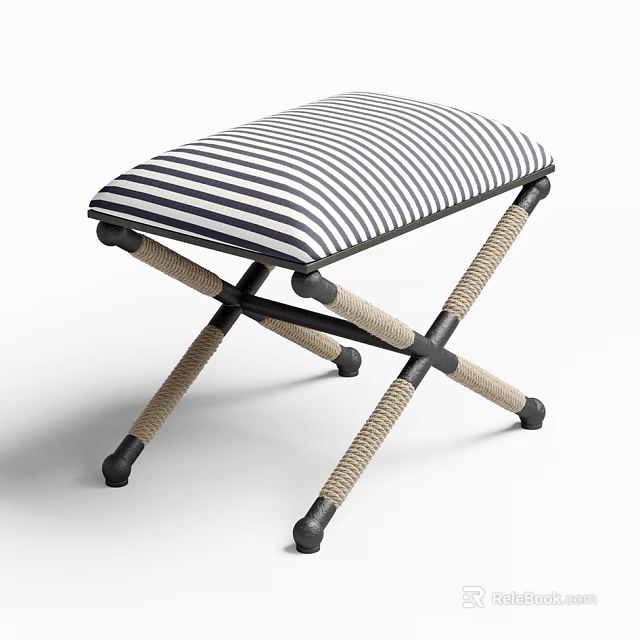 Striped Cushion Sofa Stool With Cross Legs And Woven Rope Design 3d model 